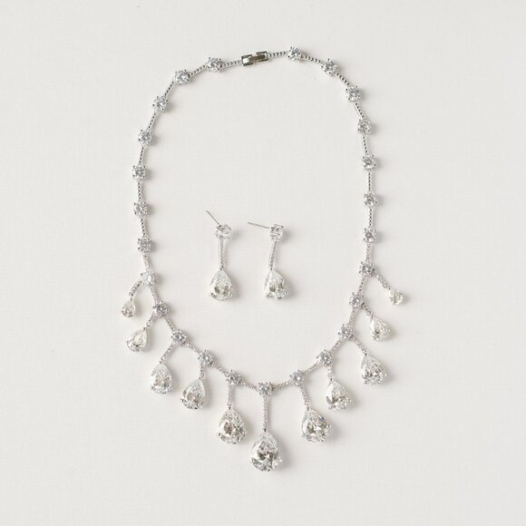 Bridal Statement Necklace and Earring Set, Cubic Zirconia Drops - Picture 1 of 6